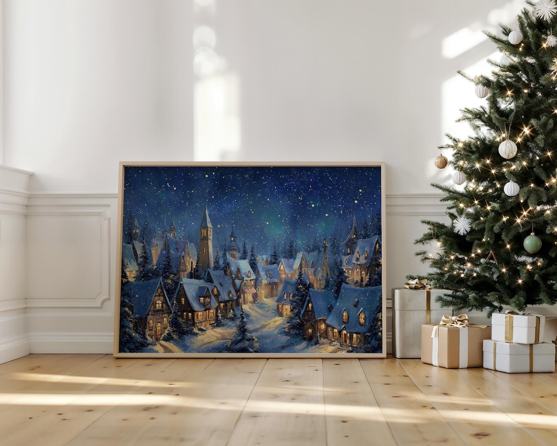 Snowy Christmas Village Night Glowing Town Holiday Scene Poster