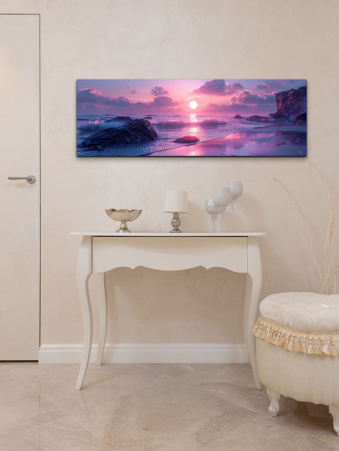 Pink Sunset Over Rocky Beach Purple Ocean Waves Panorama Wall Art - Image 3