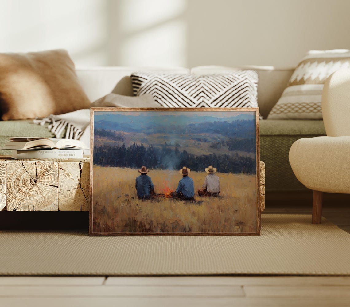 Three Cowboys Around a Campfire Western Prairie Sunset Painting Poster