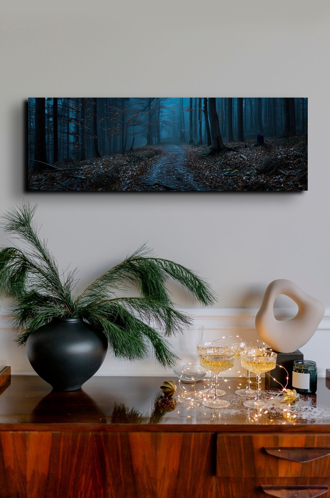 Mysterious Forest Trail Winding Through Dark Blue Trees at Dusk Poster - Image 4