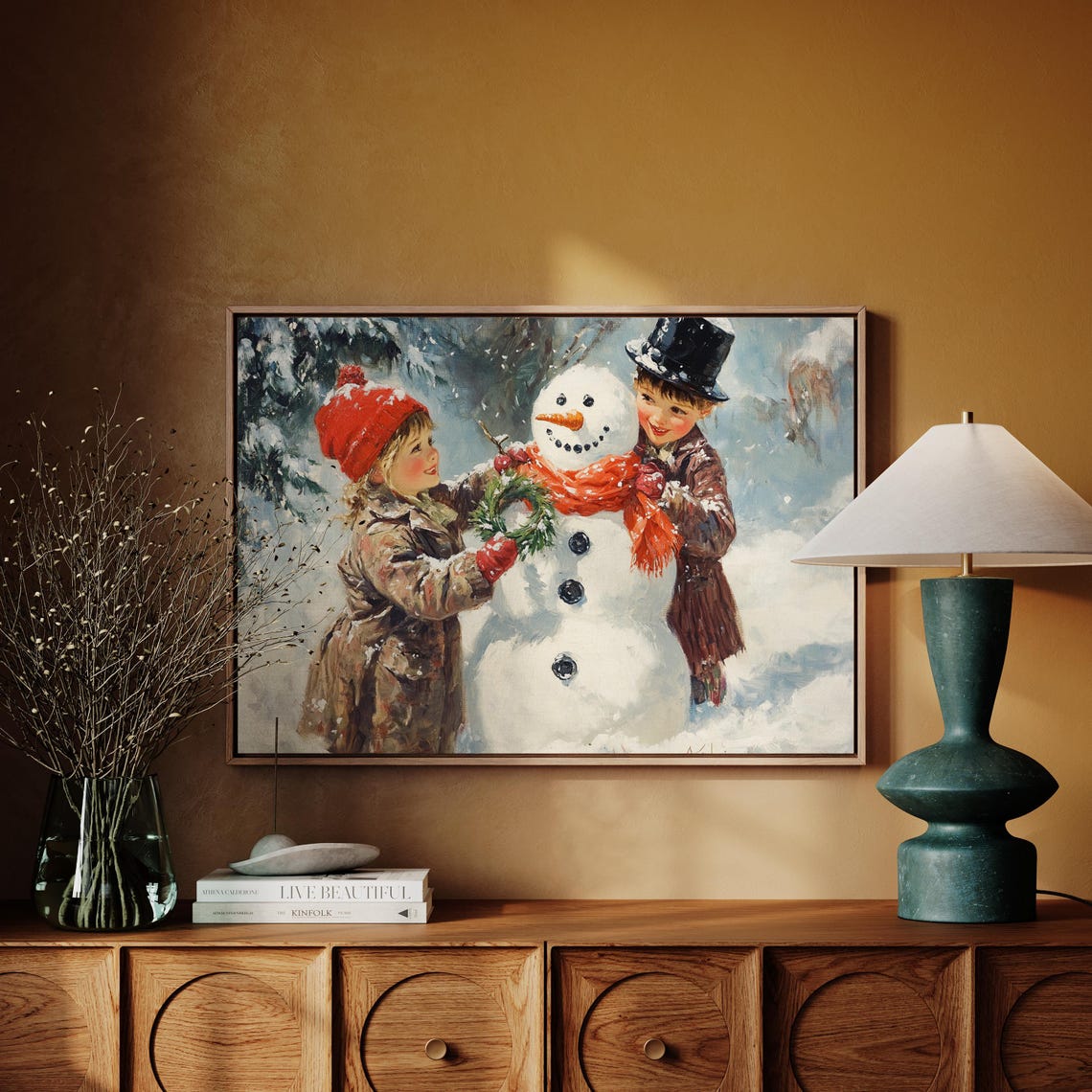 Kids Decorating Snowman Wreath Vintage Christmas Winter Art Poster - Image 3