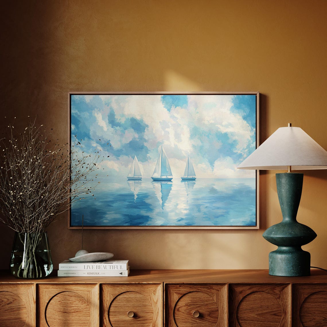 Three Sailboats On Glassy Water Under Cloudy Blue Sky Wall Poster - Image 3