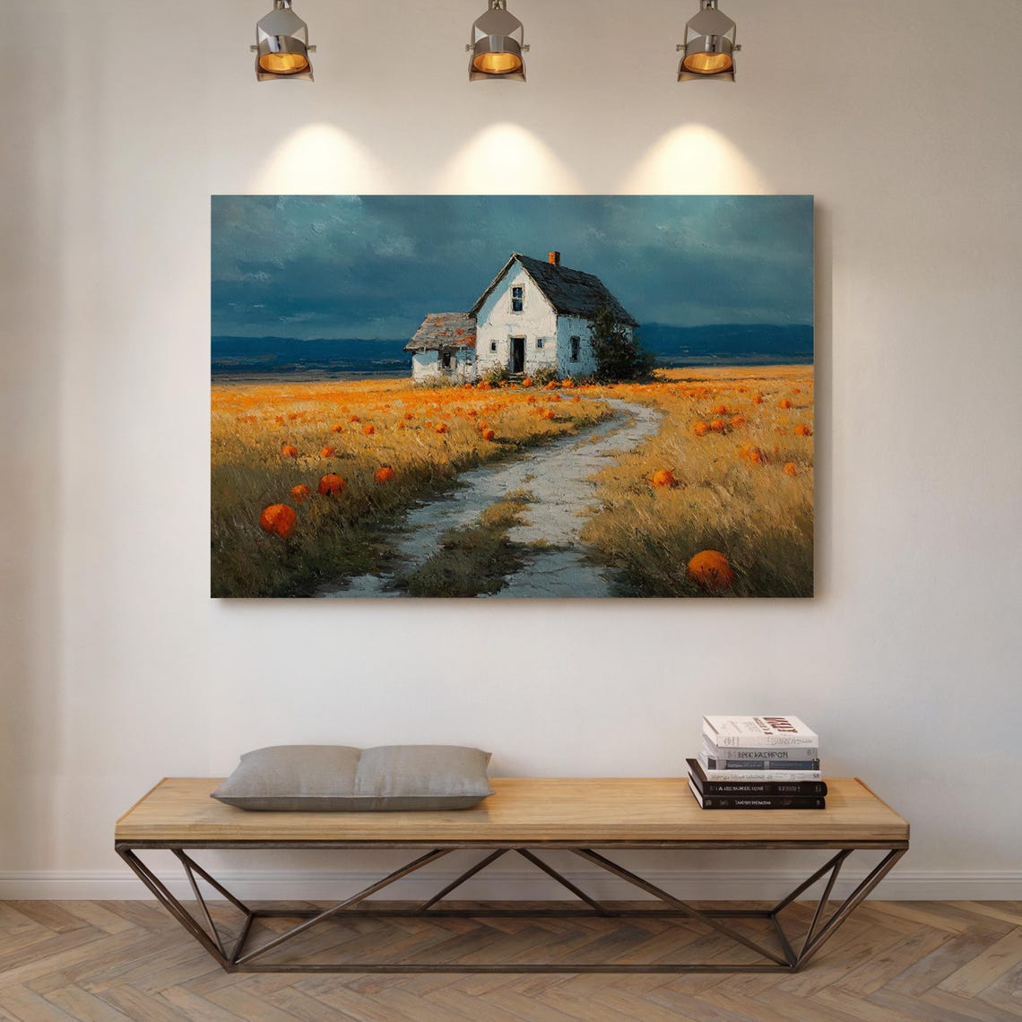 White Farmhouse in Golden Pumpkin Field Under Stormy Sky Poster
