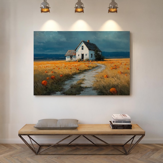 White Farmhouse in Golden Pumpkin Field Under Stormy Sky Poster