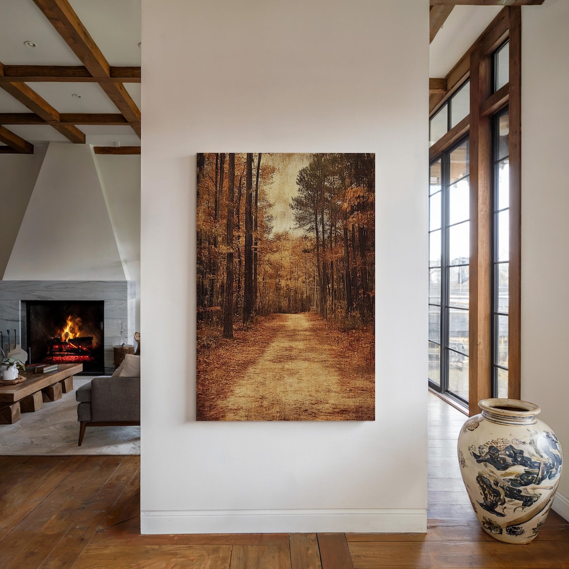 Rustic Autumn Forest Path with Tall Pines and Fallen Leaves Trail Poster - Image 6