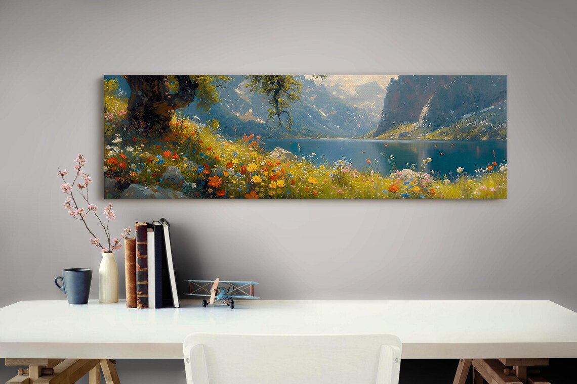 Wildflowers Mountains and Lake Oil-Style Art Print - Image 4