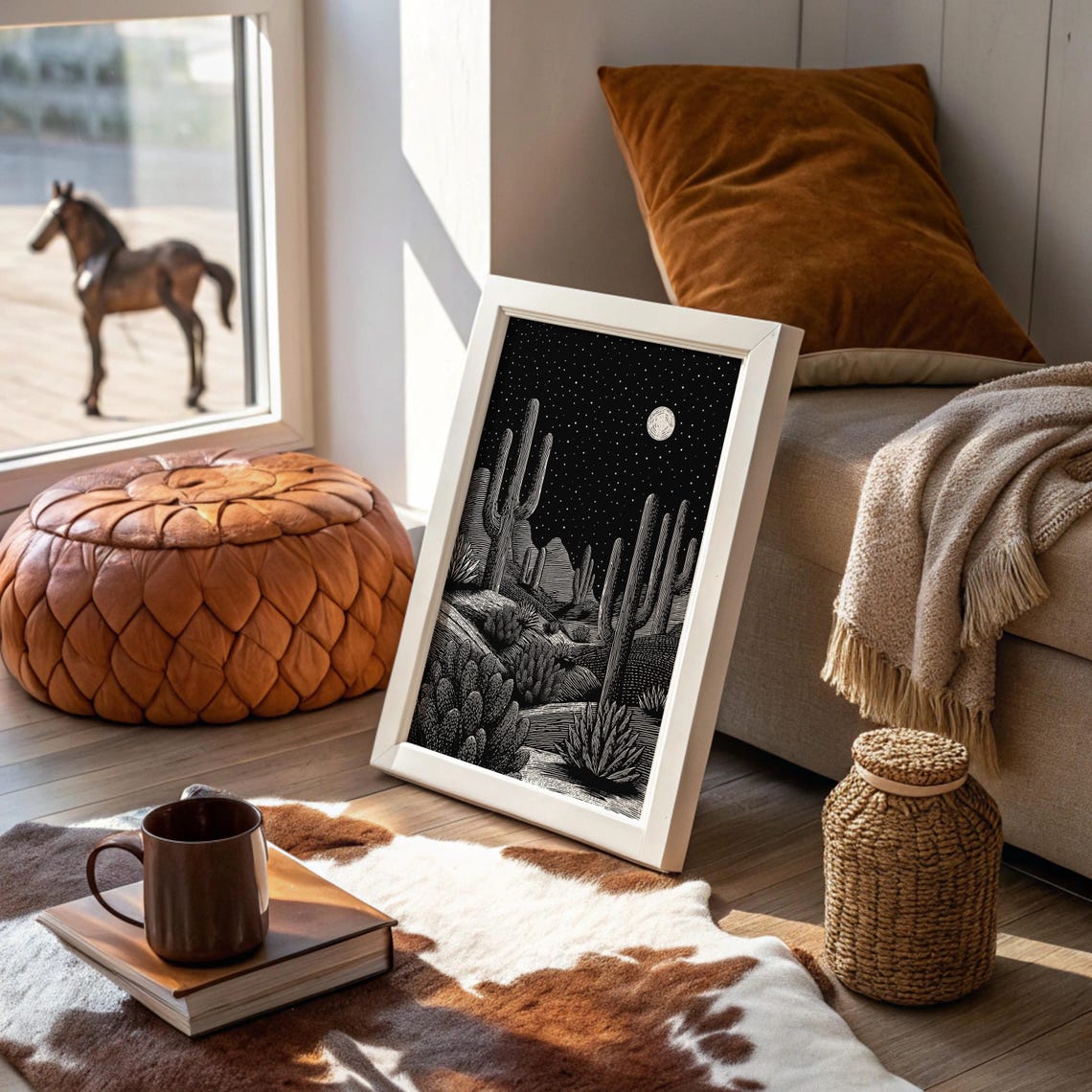 Starry Desert Night Cactus and Moon Black and White Art Poster