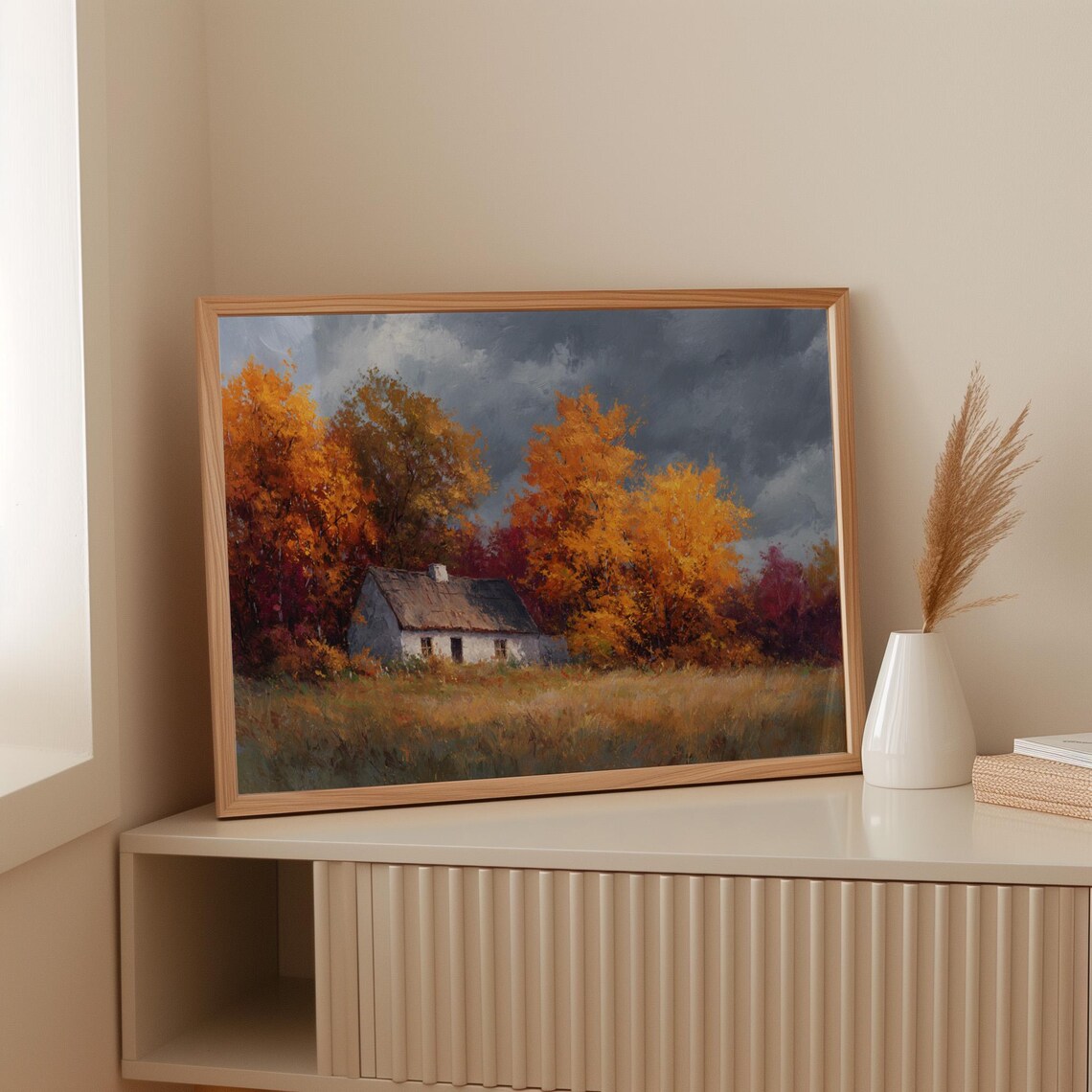 Rustic Autumn Cottage Art Print, Fall Landscape