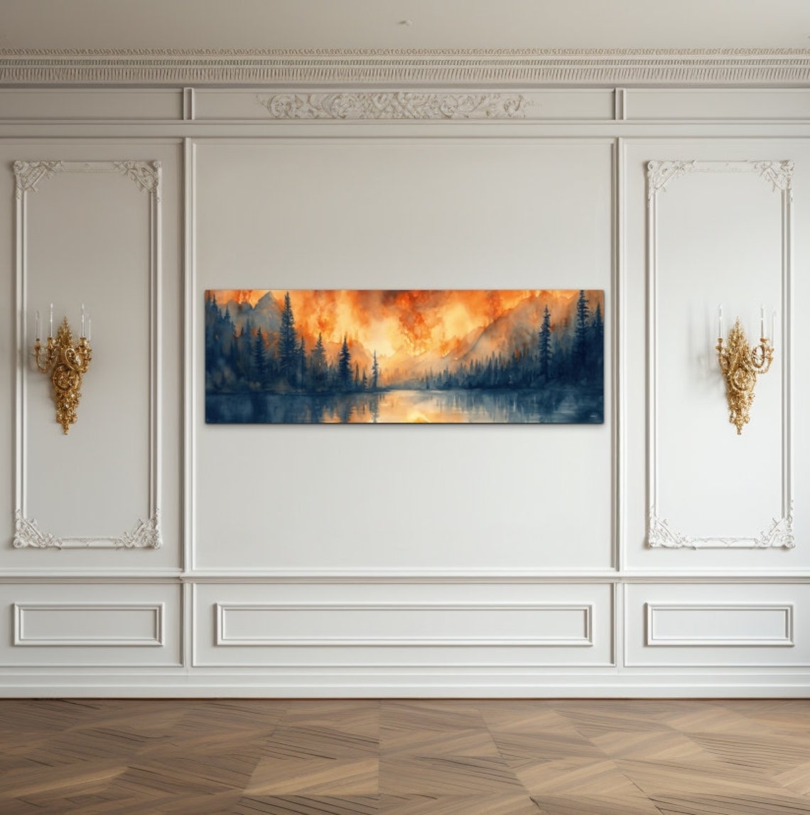 Panoramic Watercolor Orange Sky Pine Lake Sunset Landscape Wall Art - Image 6