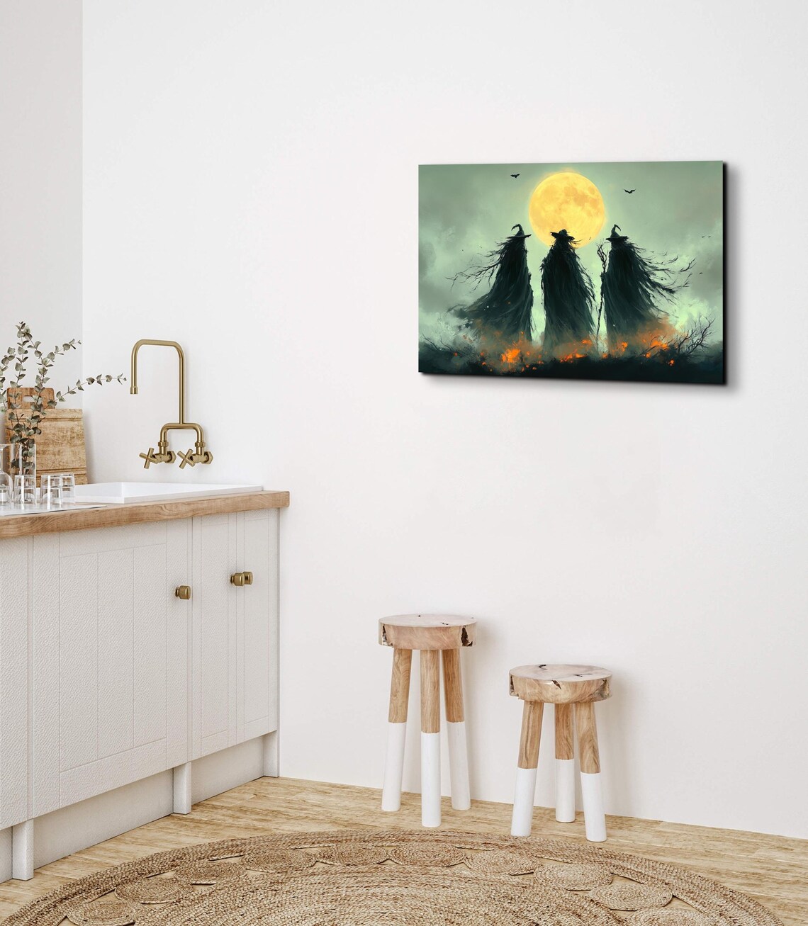Three Witches Silhouetted Against a Giant Full Moon With Bats and Embers Poster - Image 4