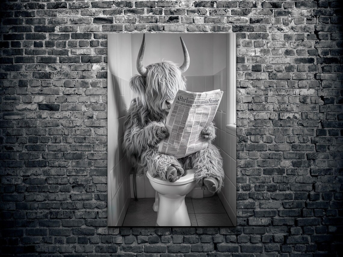 Highland Cow Reading Newspaper On Toilet Funny Bathroom Art Poster - Image 2