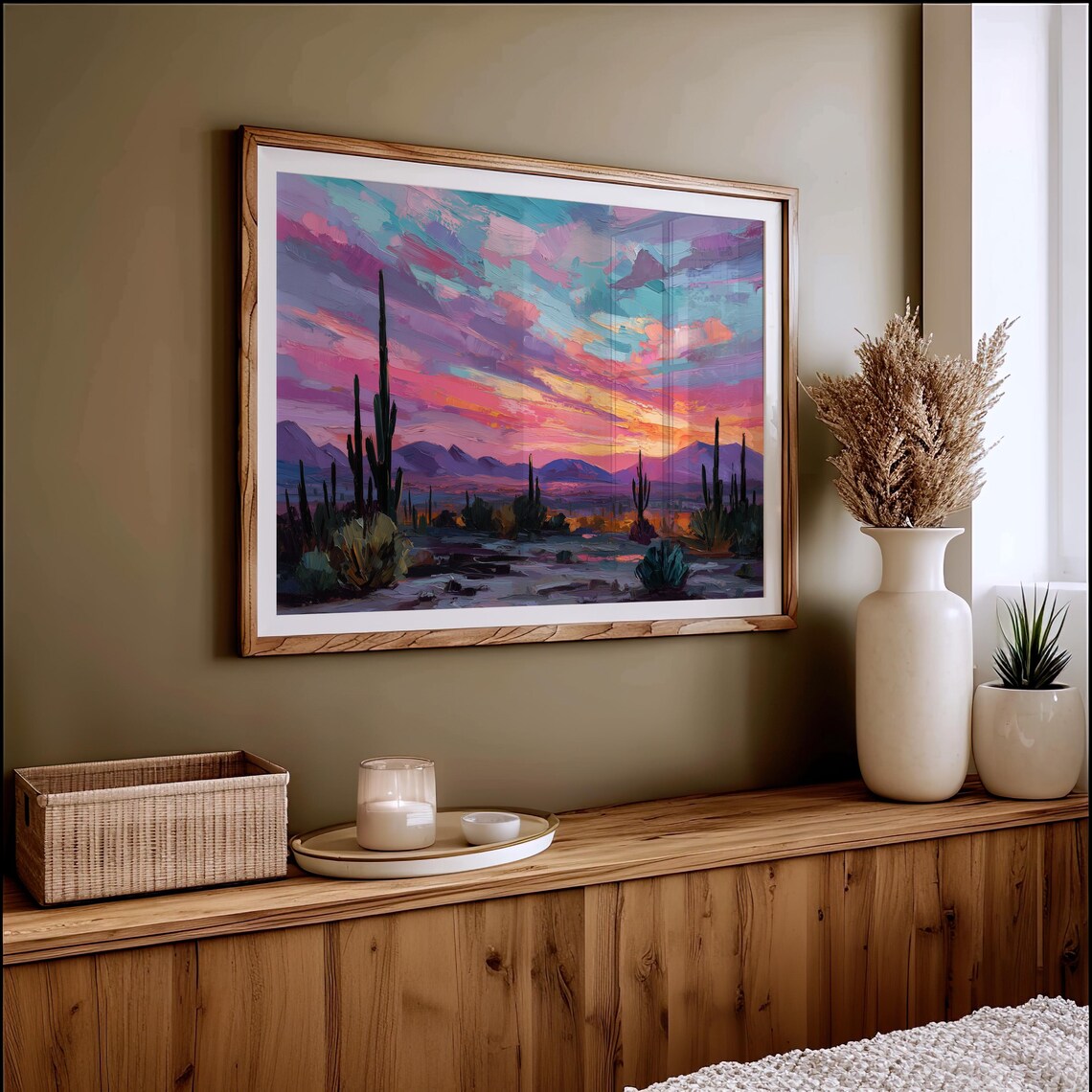 Desert Sunset Painting With Saguaro Cactus Silhouettes Colorful Sky Print