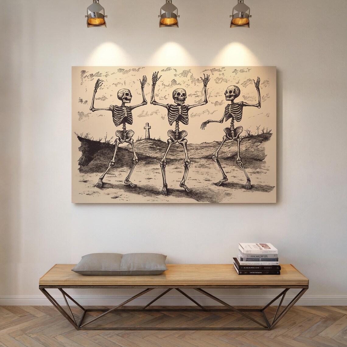 Trio of Dancing Skeletons Beneath Clouds by a Graveyard Cross Poster