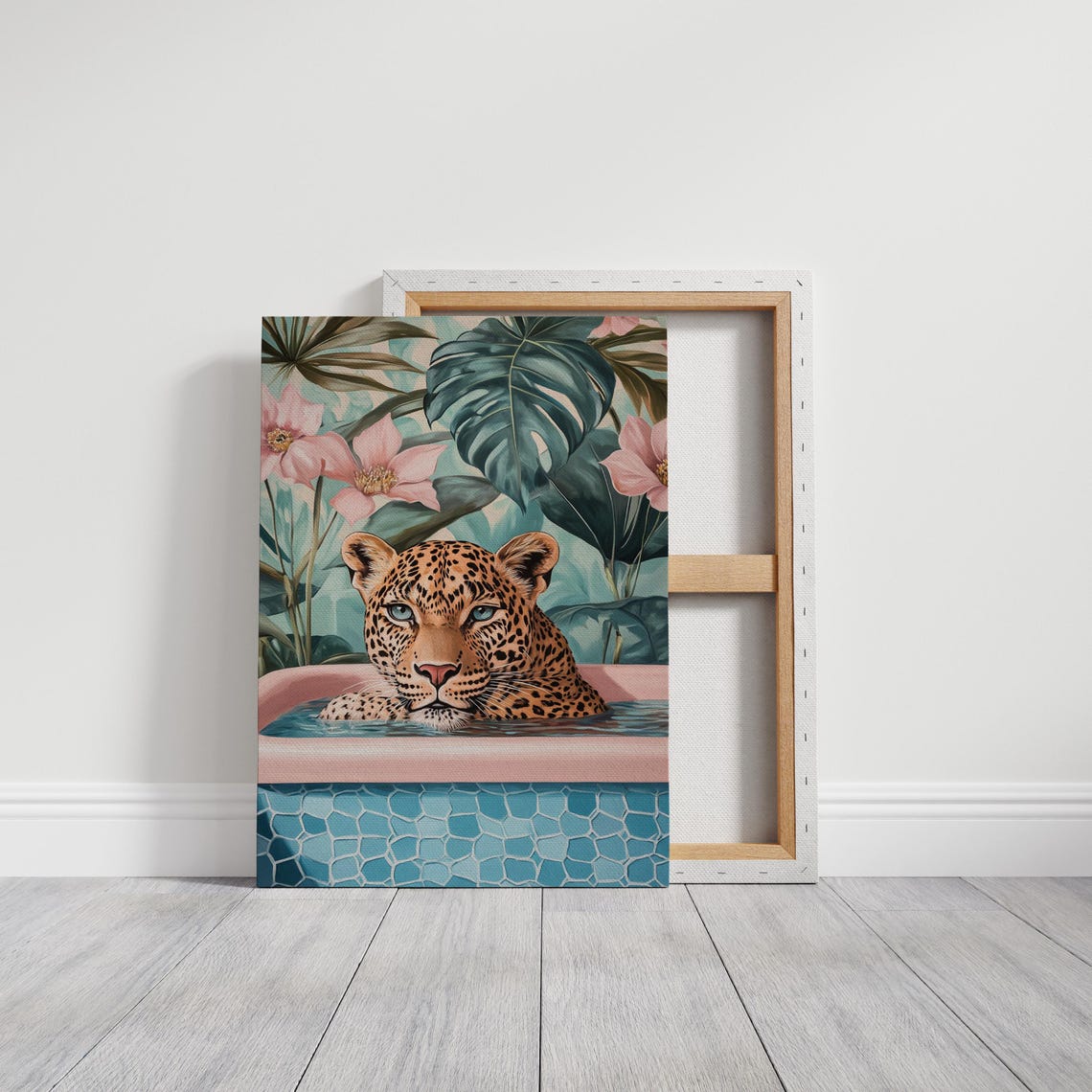 Leopard Bathing Tropical Pool Floral Jungle Whimsical Art Poster - Image 3