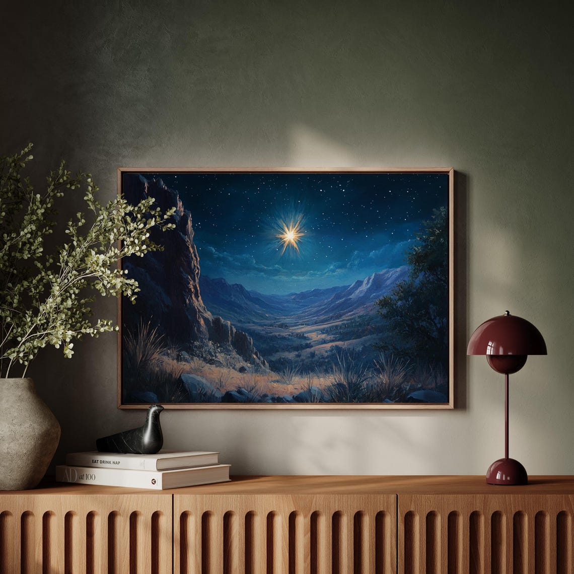 Star Of Bethlehem Over Moonlit Mountain Valley Christmas Wall Art - Image 5