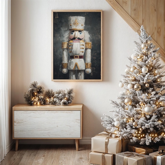 Elegant White and Gold Nutcracker Soldier Holiday Art Poster