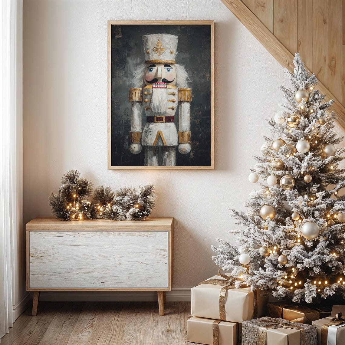 Elegant White and Gold Nutcracker Soldier Holiday Art Poster