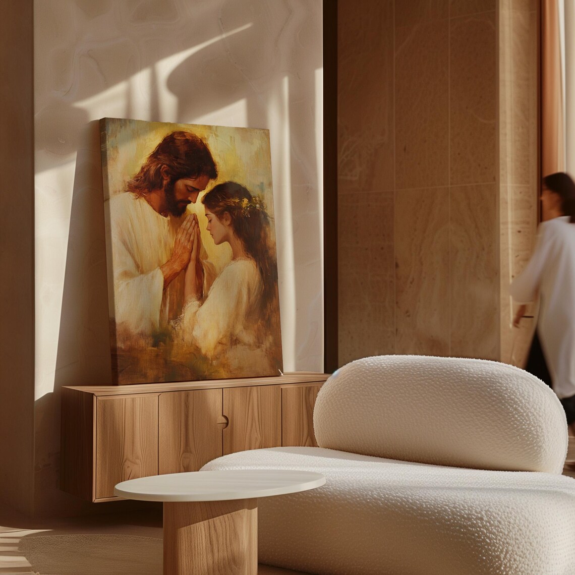 Jesus Praying With Woman in Golden Light Christian Devotion Art Print - Image 7