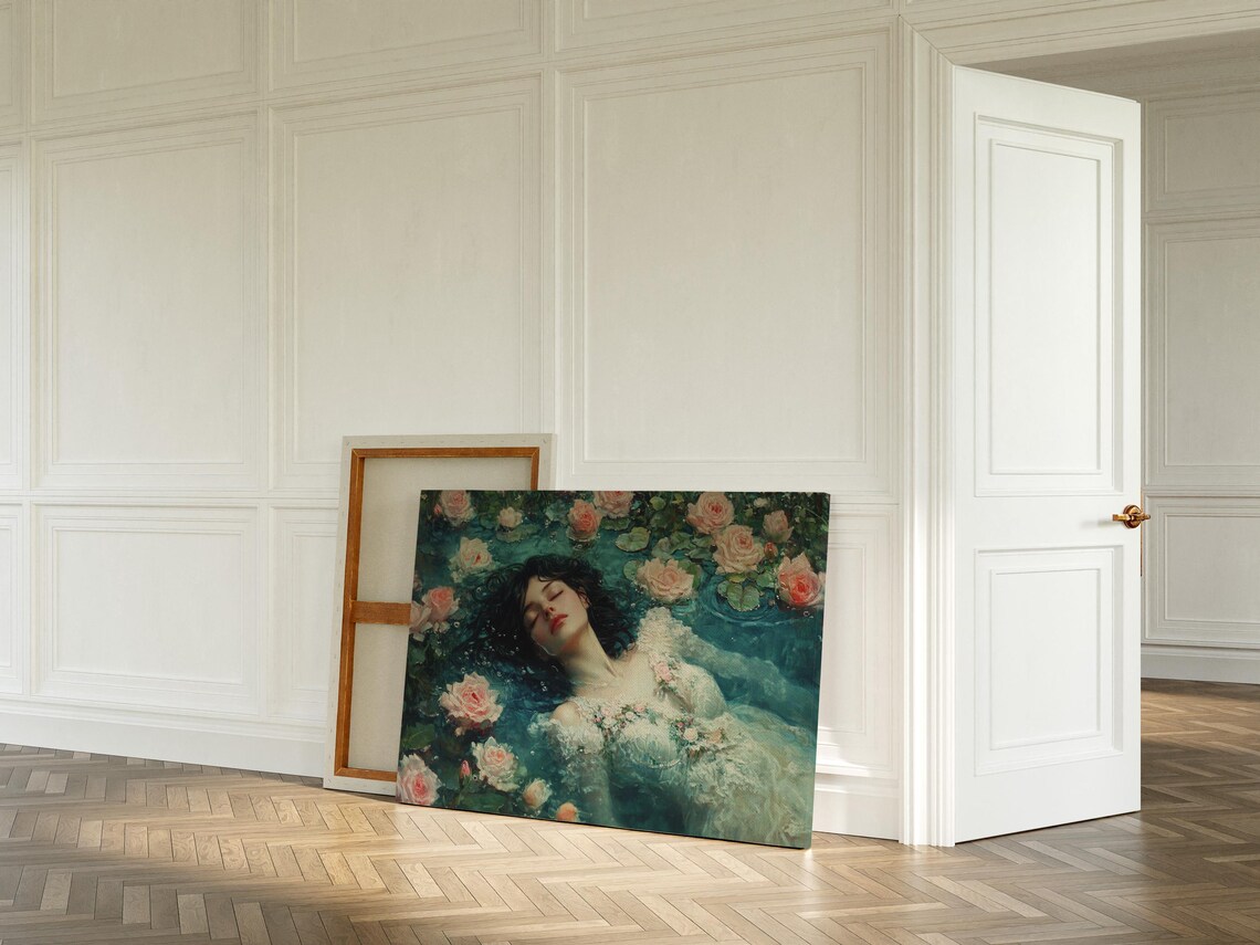 Floating Woman with Roses Dreamy Teal Floral Vintage Art Print - Image 5