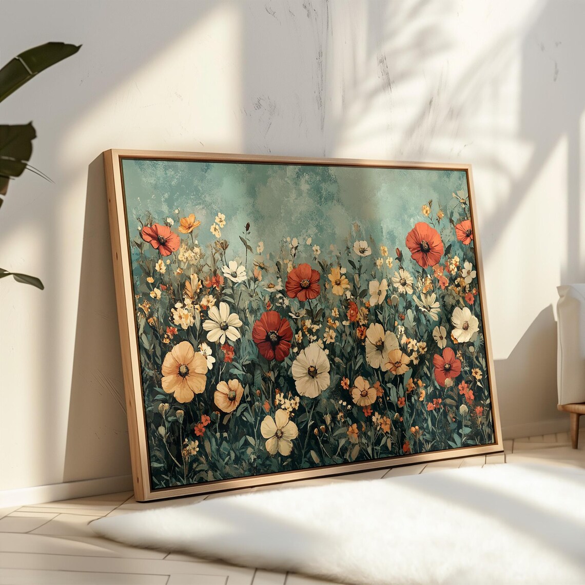 Wildflower Field Red Poppies And White Cosmos On Teal Vintage Wall Art - Image 3