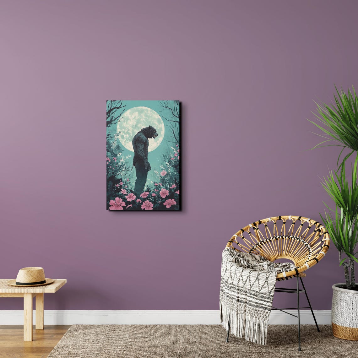 Werewolf Silhouette Pink Wildflowers Teal Full Moon Horror Poster - Image 5