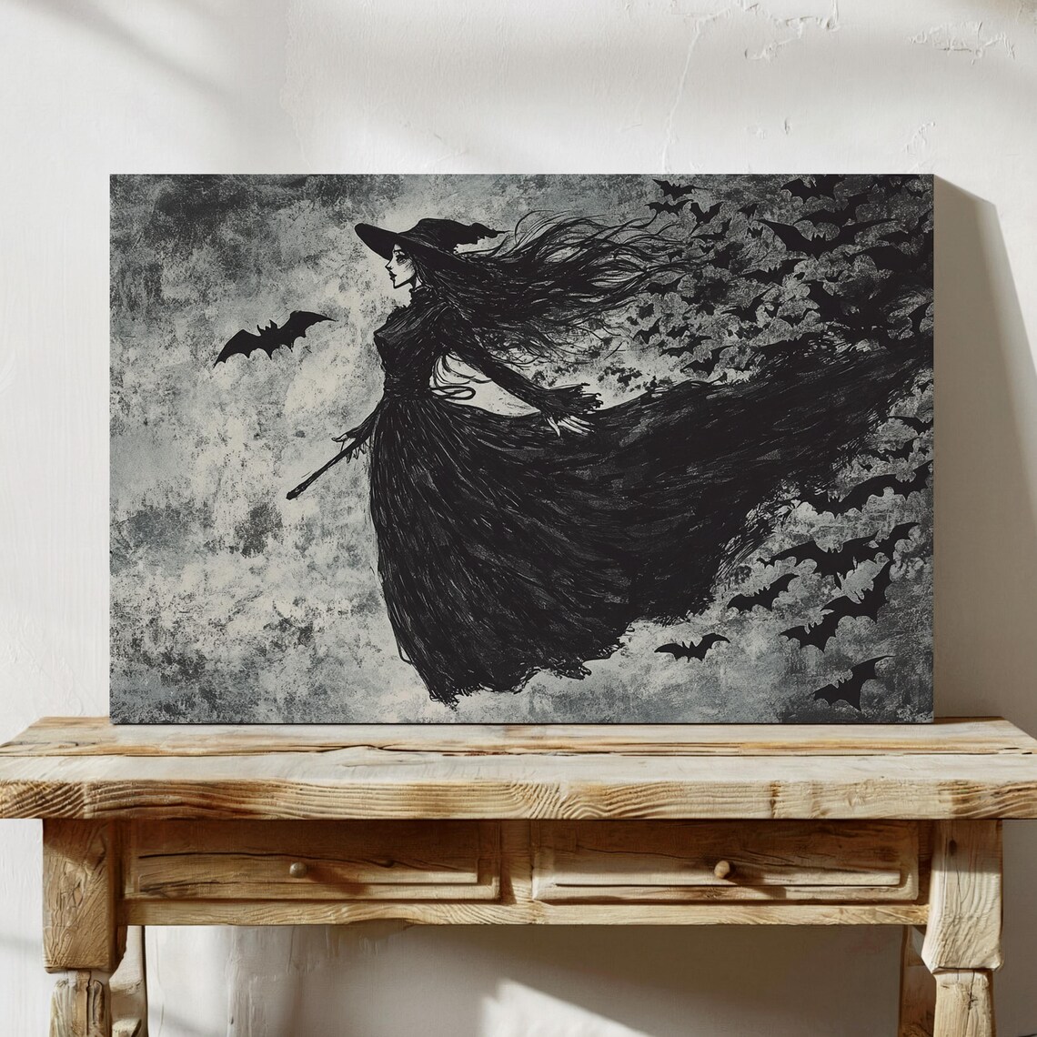 Witch Silhouette With Bats Flying Gothic Halloween Dark Ink Art Poster - Image 7