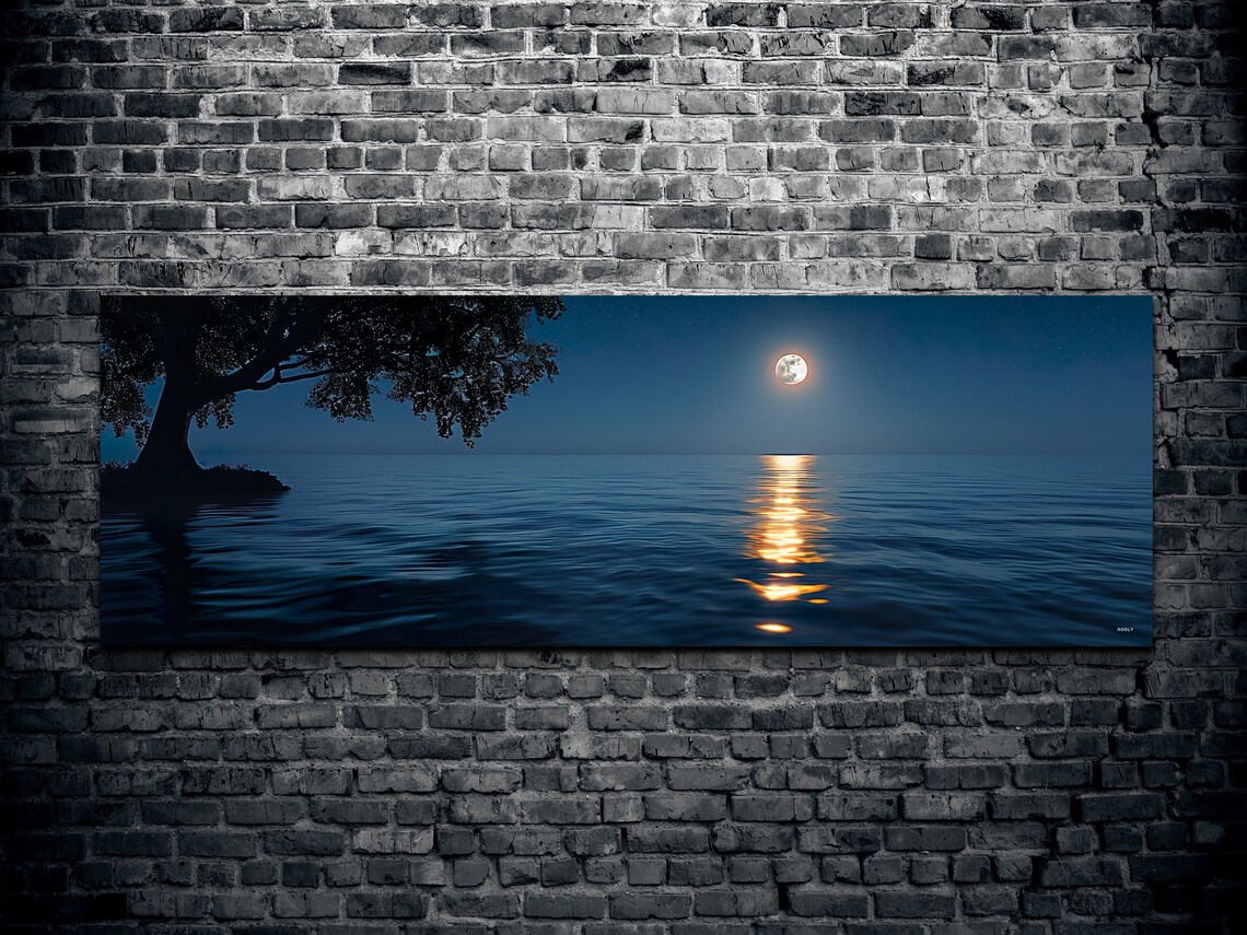 Full Moon Over the Ocean With Golden Water Reflection Panoramic Wall Art - Image 2