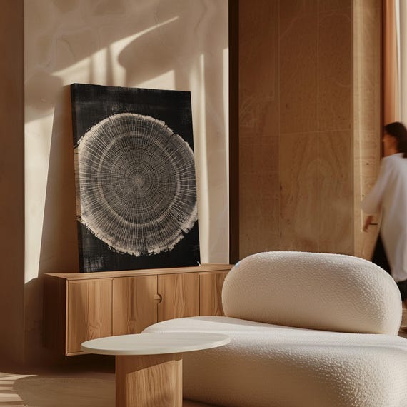 Mesmerizing Woodgrain Ring Art Black And Beige Tree Ring Pattern Organic Texture Wall Print For Modern Nature Inspired Decor