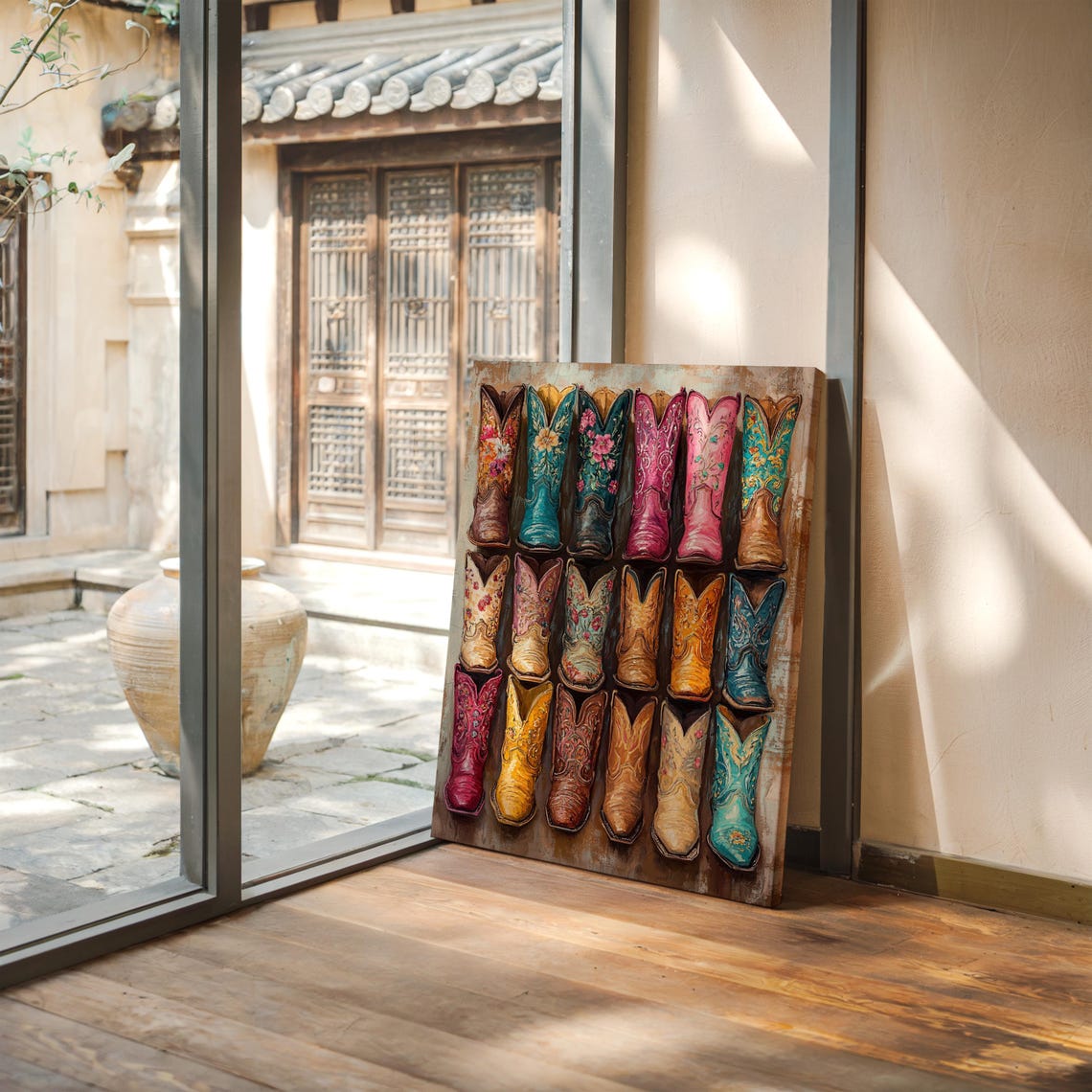 Colorful Floral Cowboy Boots Collection Grid Pattern Western Poster - Image 5