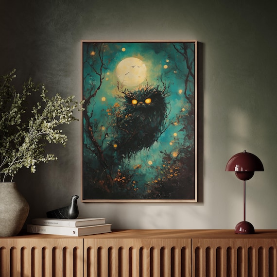 Spooky Moonlit Forest Owl Mystical Night Glowing Eyes Halloween Poster