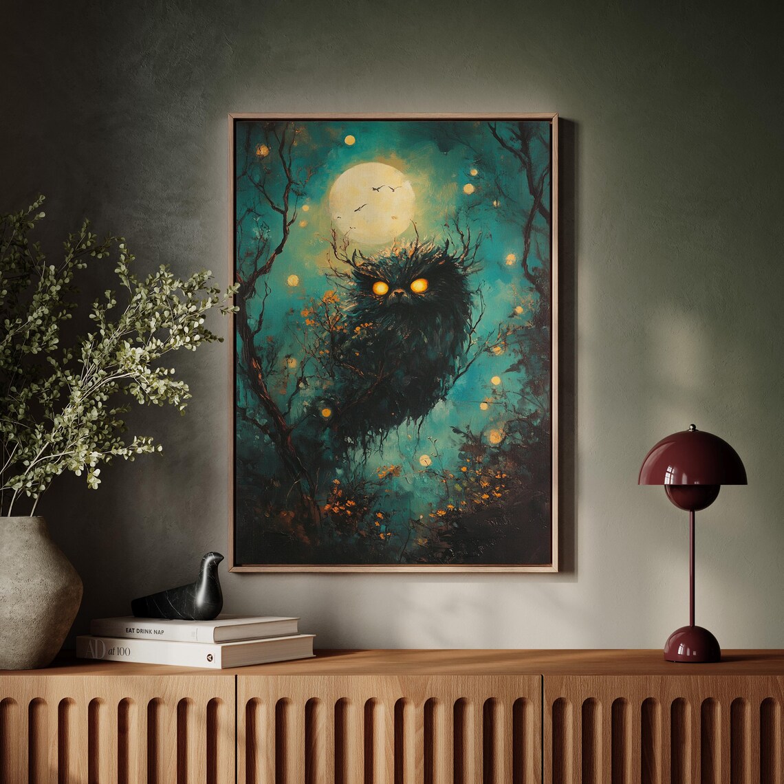 Spooky Moonlit Forest Owl Mystical Night Glowing Eyes Halloween Poster