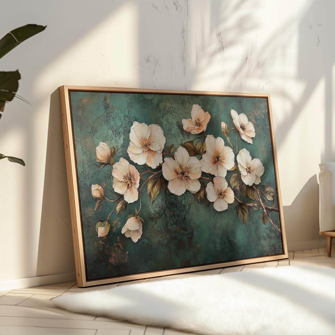 White Blossoms Teal Background Elegant Floral Botanical Wall Art