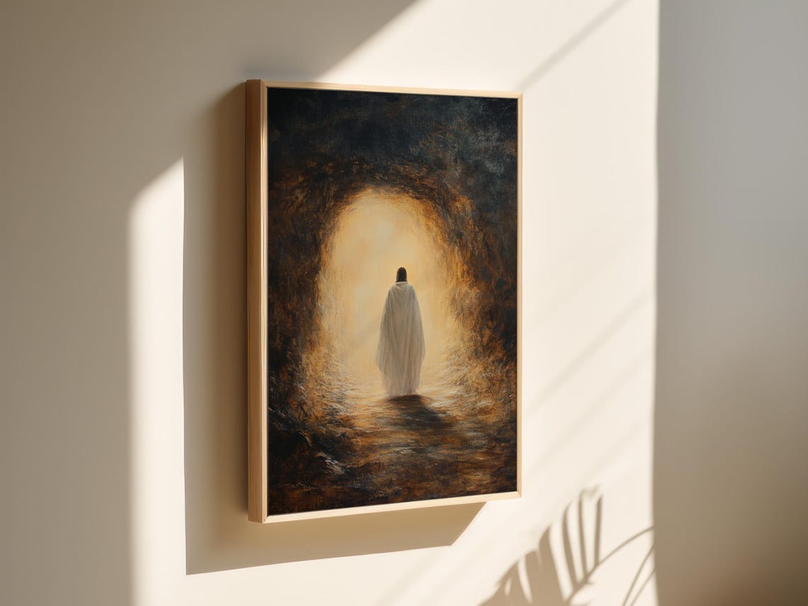 Robed Figure Walking Into Radiant Light Through Darkness Poster