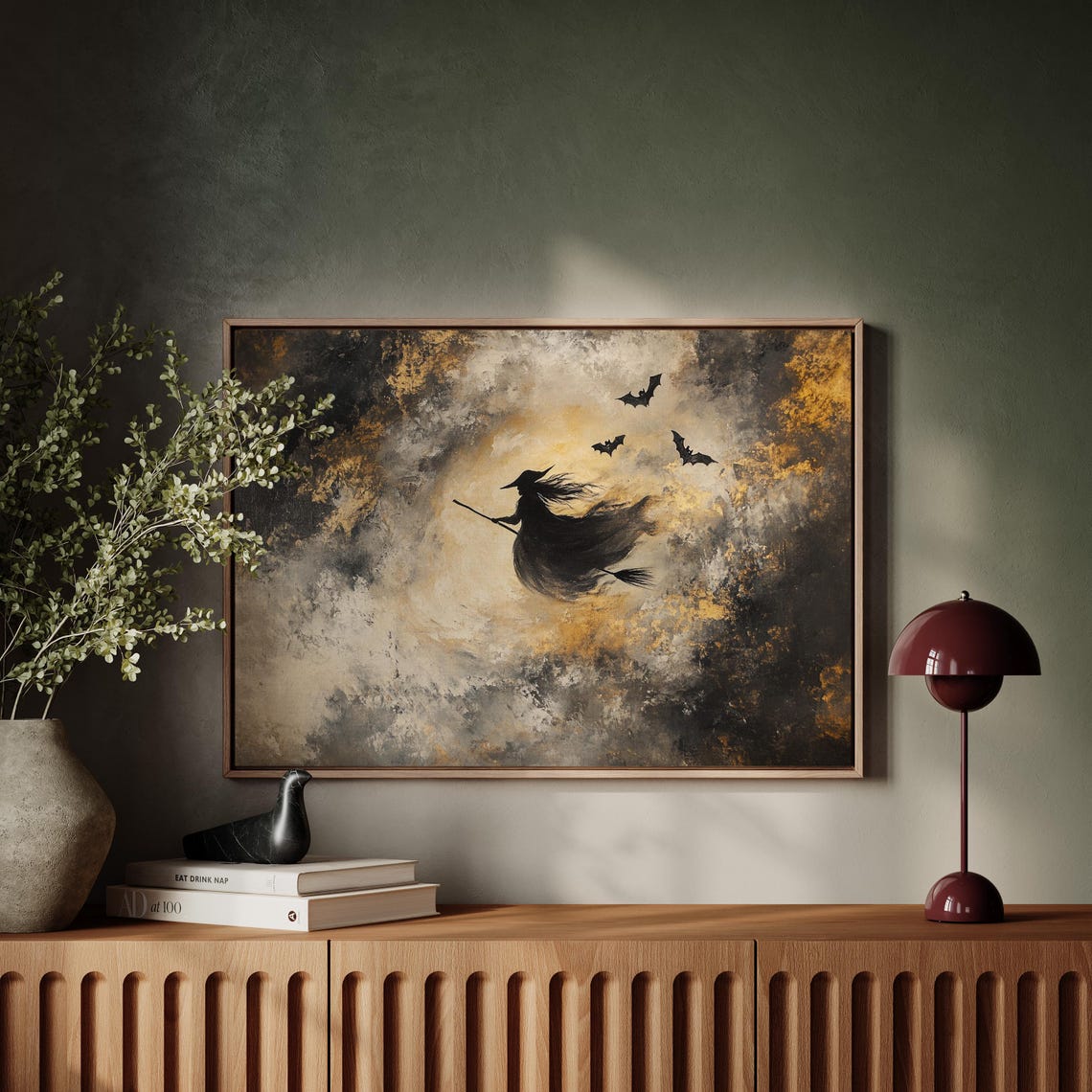Halloween Witch Silhouette Flying Broomstick Full Moon Bats Poster - Image 5