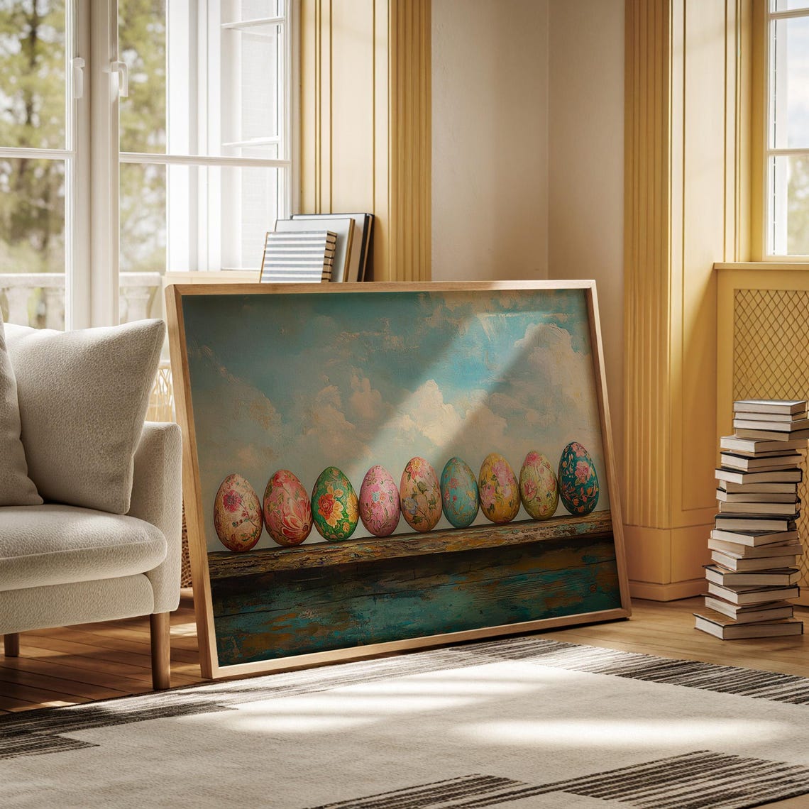 Colorful Floral Easter Eggs Row on Distressed Blue Wood Shelf Poster - Image 4