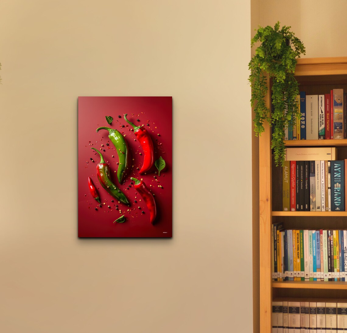 Red Green Chili Peppers On Crimson Spices Still Life Kitchen Wall Art - Image 5