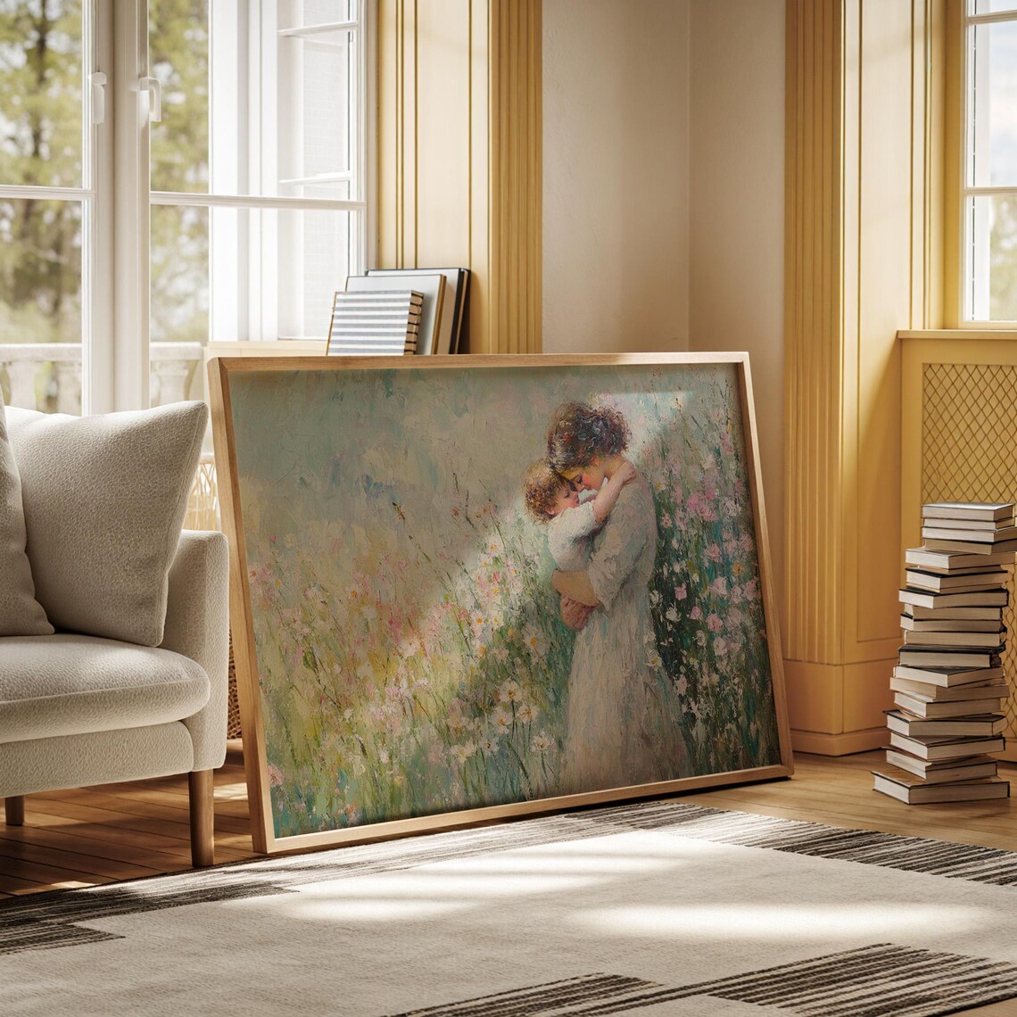 Mother Holding Child In Wildflower Field Tender Impressionist Wall Art - Image 6