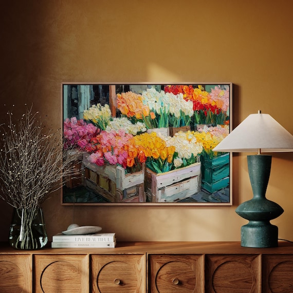 Colorful Tulip Market Canvas Wall Art Vibrant Flower Crates Oil Painting Style Pink Yellow Orange And Red Tulips Botanical Home Decor