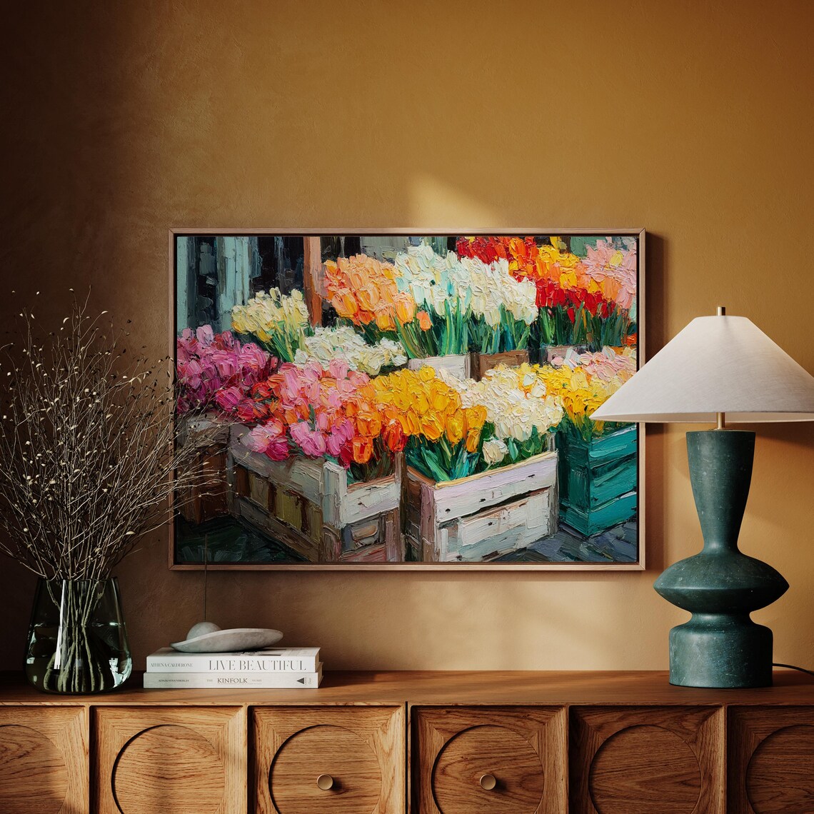 Colorful Tulip Market Poster Vibrant Flower Crates Impasto Painting
