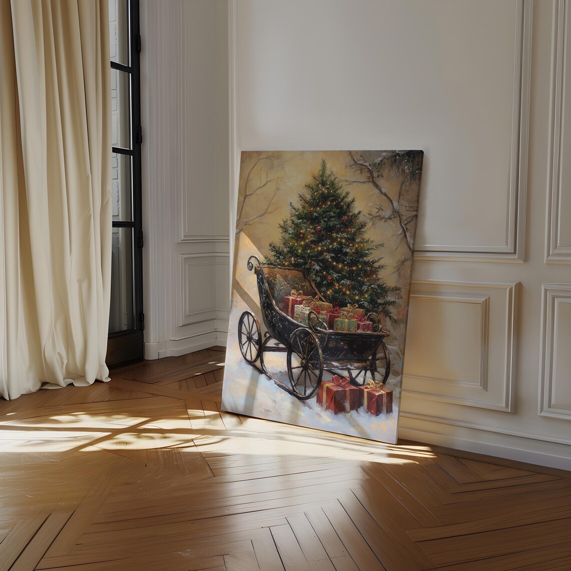 Vintage Christmas Sleigh With Tree And Gifts Snowy Holiday Poster - Image 2