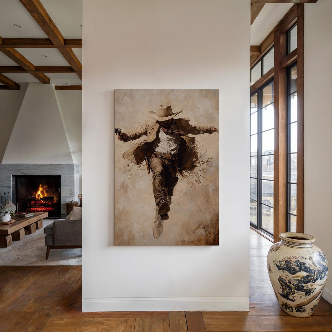 Cowboy Action Art Wild West Gunfighter Painting Vintage Western Wall Decor Rustic Cowboy Print For Man Cave - Image 2
