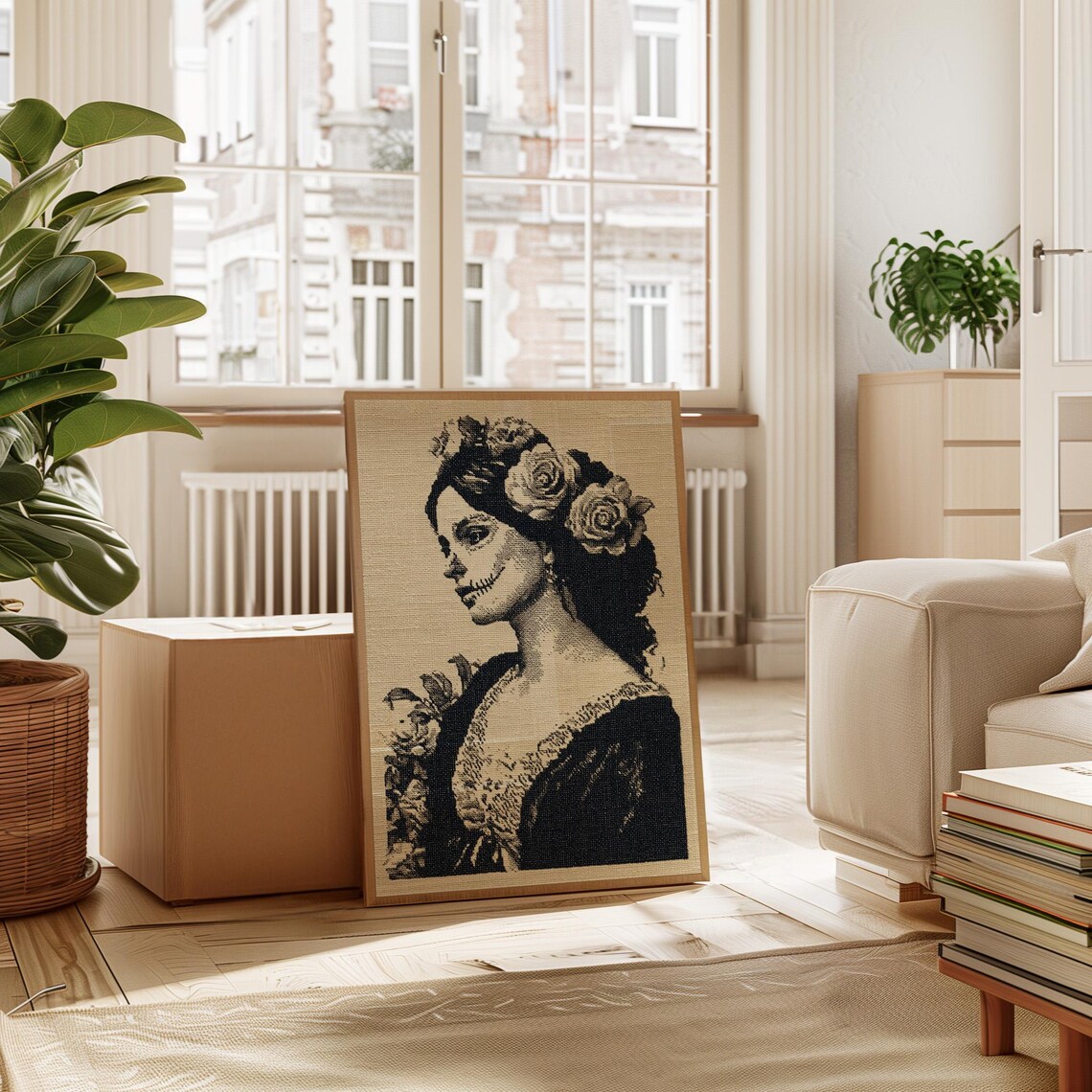 Vintage Catrina Rose Portrait Sugar Skull Monochrome Art Poster
