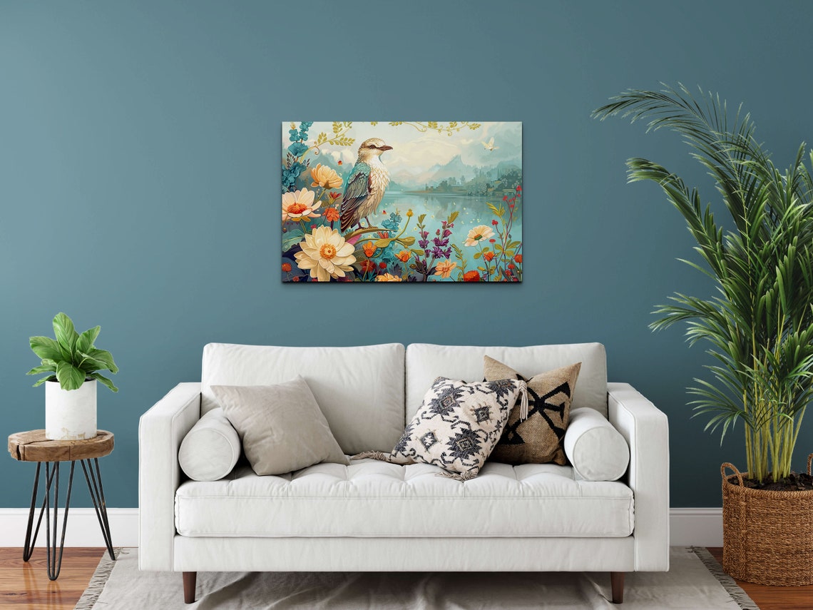 Songbird Perched Over Lakeside Wildflowers Botanical Bird Poster - Image 6