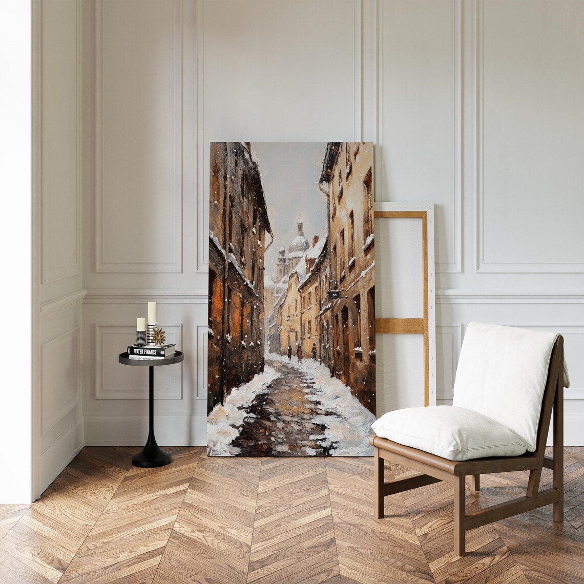 Snowy European Old Town Street in Winter Oil Painting Poster - Image 2
