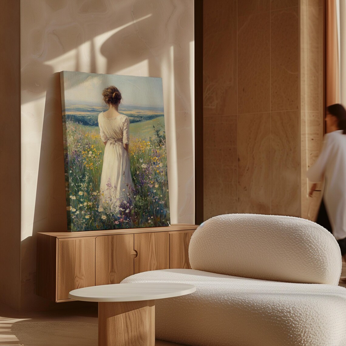 Woman In Cream Dress Standing In Wildflower Field Scenic View Poster - Image 7