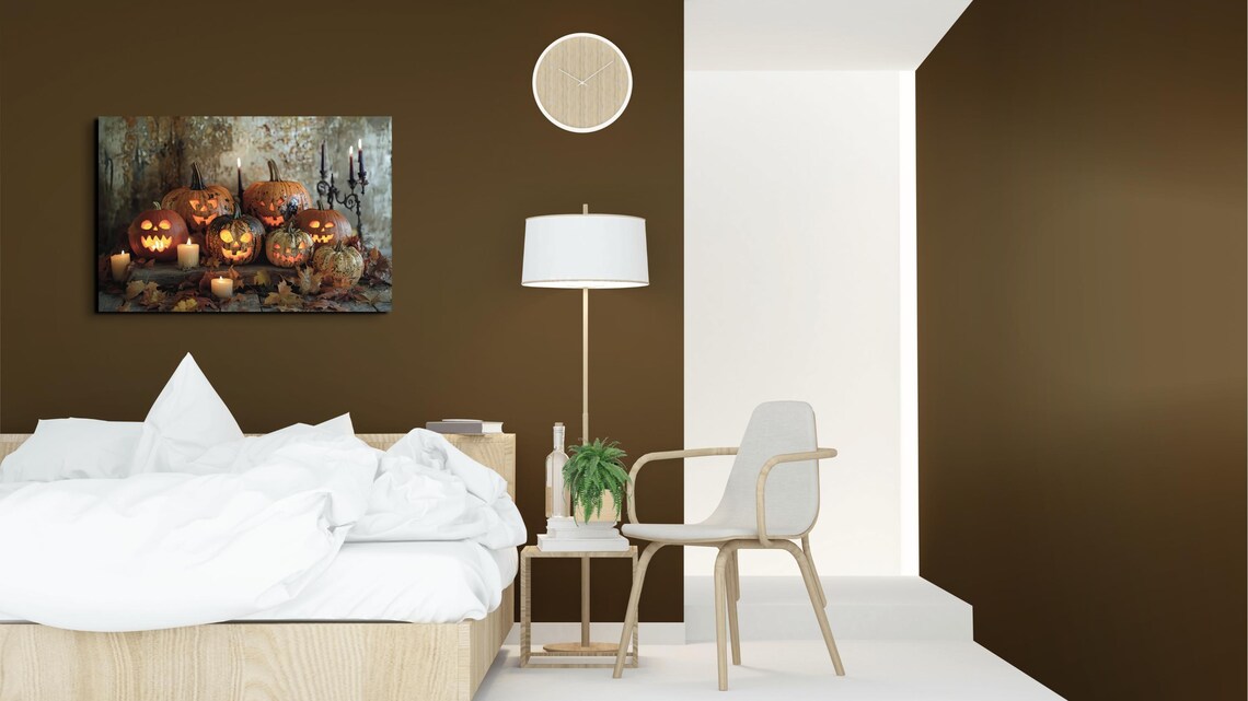 Glowing Jack O Lantern Pumpkins With Candles Among Autumn Leaves Poster - Image 6