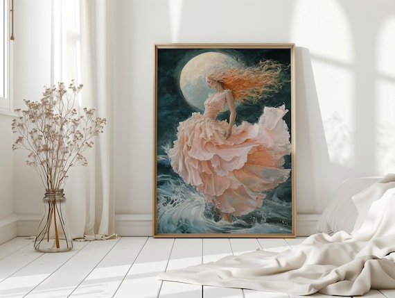 Lunar Ocean Goddess Art Print, Ethereal Moon Fantasy