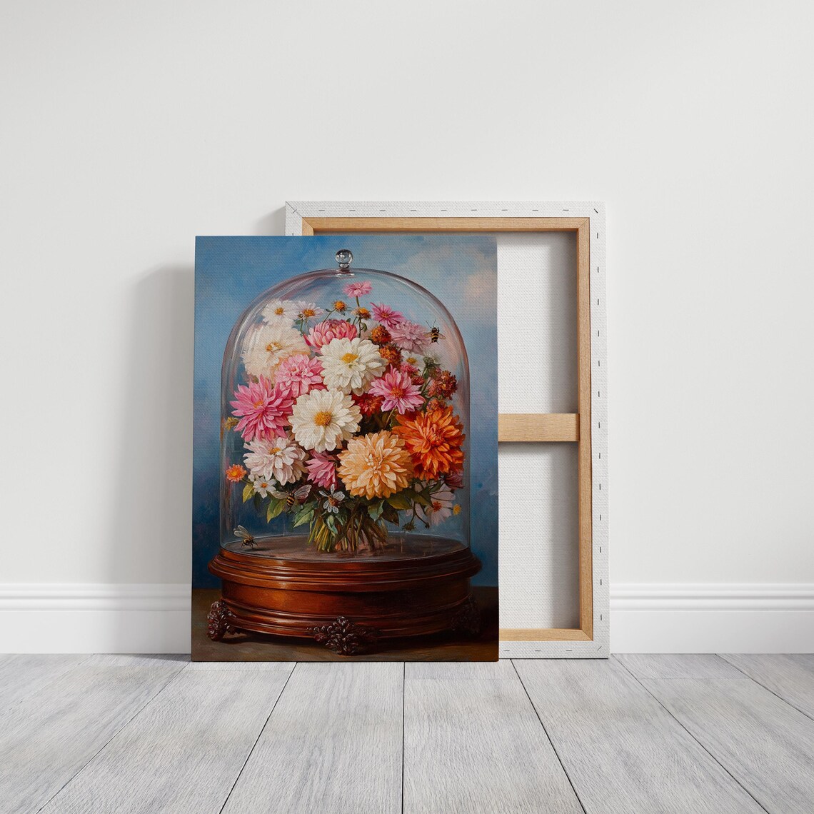 Vintage Flower Dome Glass Cloche Bouquet with Bees Botanical Print - Image 6