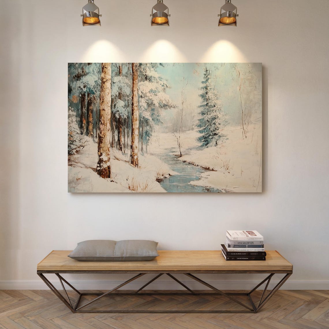 Snowy Birch Forest Stream Winter Wonderland Landscape Wall Art - Image 6