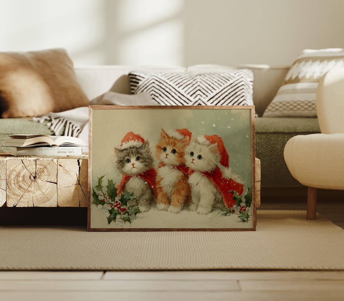 Three Kittens in Santa Hats Vintage Christmas Cat Painting Poster